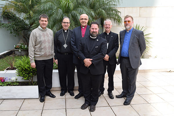 The International Lutheran Council’s newly elected Executive Council. (Left to right: IELP President Norberto M. Gerke, LCC’s President Robert Bugbee, SELK Bishop Hans-Jörg Voigt, ILC Executive Secretary Al Collver, ILC Secretary, ELKB President Gijsbertus van Hattem, ELCE Chairman Jon Ehlers. Missing from the photo are LCN Archbishop Christian Ekong and LCP President Antonio del Rio Reyes; they, along with a number other African and Asian ILC member churches, were unable to attend the 2015 World Conference due to visa difficulties).